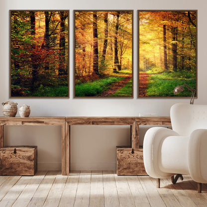 73494-MGV-CV-36X24-Golden Autumn Forest Path Wall Art – Sunlit Woodland Canvas Print, Fall Nature Landscape Home Decoration