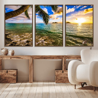 68606-MGV-FC-60X30-3P_Walnut-Tropical Palm Tree Ocean Wall Art – Sunset Beach Seascape Print, Coastal Paradise Decor for Living Room or Office