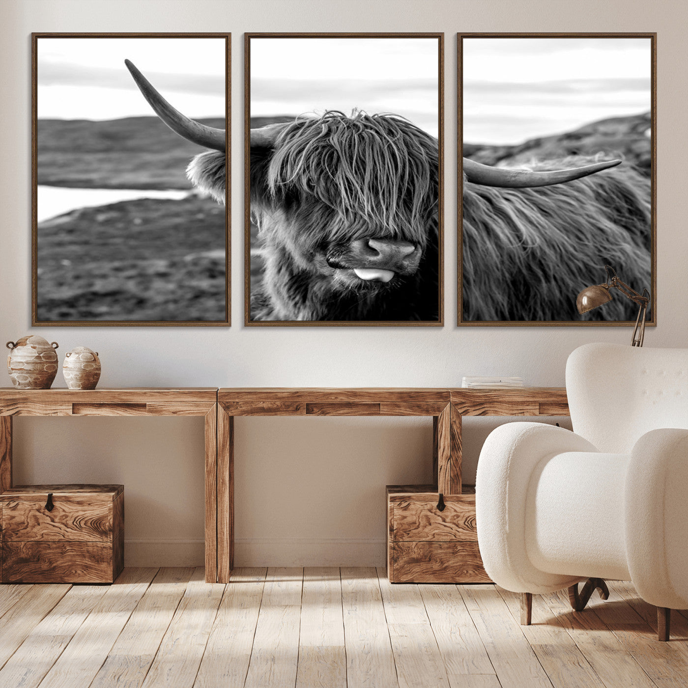 83810-MGV-CV-36X24-Highland Cow Wall Art – Black and White Highland Cattle Print, Rustic Farmhouse Animal Decor for Living Room or Office