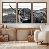 83810-MGV-CV-36X24-Highland Cow Wall Art – Black and White Highland Cattle Print, Rustic Farmhouse Animal Decor for Living Room