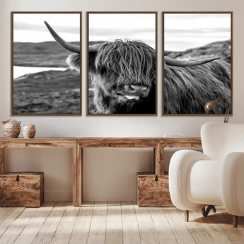 83810-MGV-CV-36X24-Highland Cow Wall Art – Black and White Highland Cattle Print, Rustic Farmhouse Animal Decor for Living Room