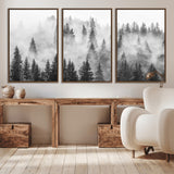 10422-MGV-CV-36X24-Misty Pine Forest Wall Art – Black and White Foggy Landscape Canvas Print, Serene Nature Woodland Decor for Bedroom, Office or
