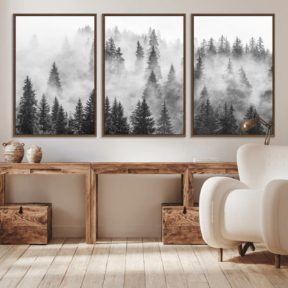 10422-MGV-CV-36X24-Misty Pine Forest Wall Art – Black and White Foggy Landscape Canvas Print, Serene Nature Woodland Decor for Bedroom, Office or