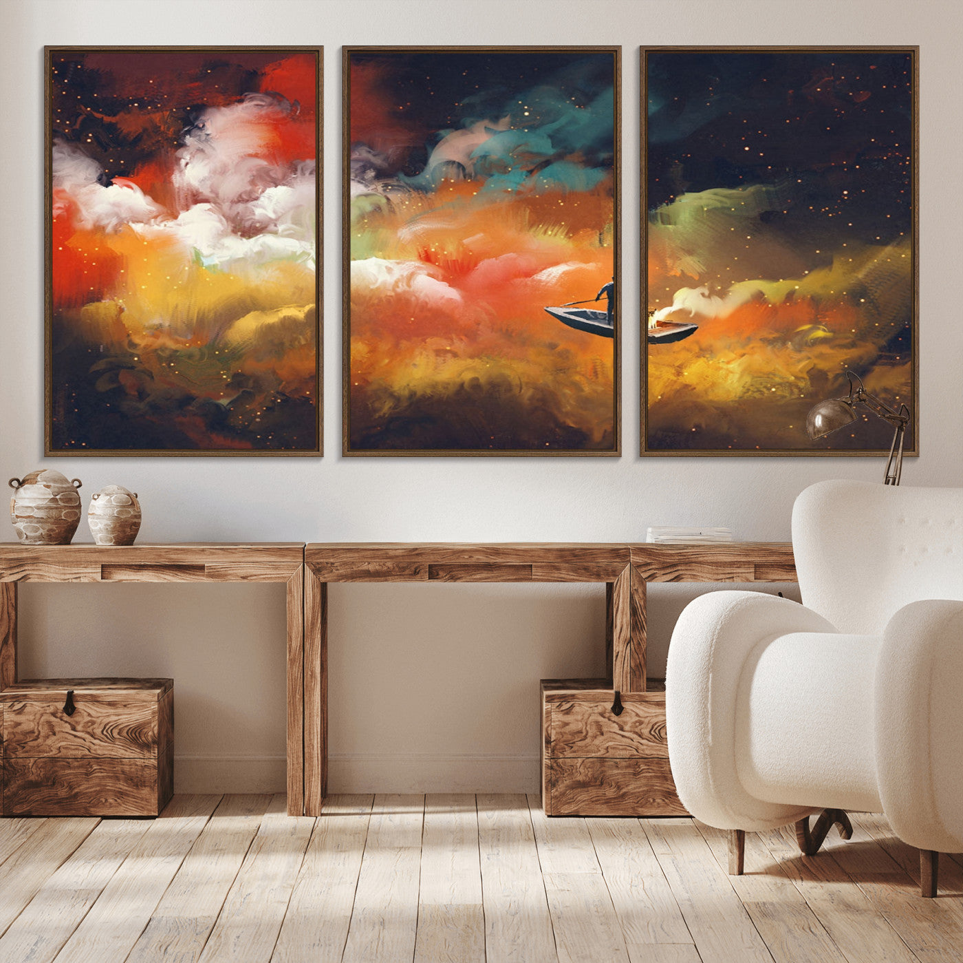 45085-MGV-CV-36X24-Surreal Cosmic Wall Art – Abstract Galaxy Dreamscape Canvas Print with Man and Dog in Boat, Fantasy Nebula Painting for Living