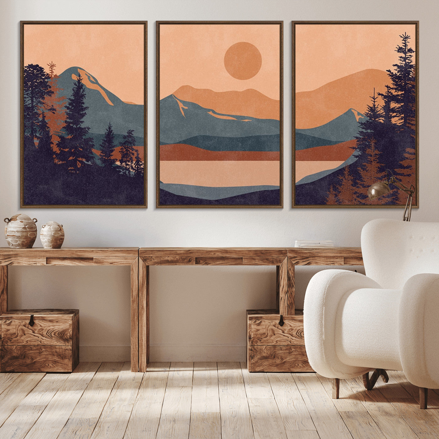 62795-MGV-CV-36X24-Minimalist Mountain Landscape Wall Art – Abstract Sunset Over Peaks and Pine Trees Canvas Print, Modern Nature Decor for Living