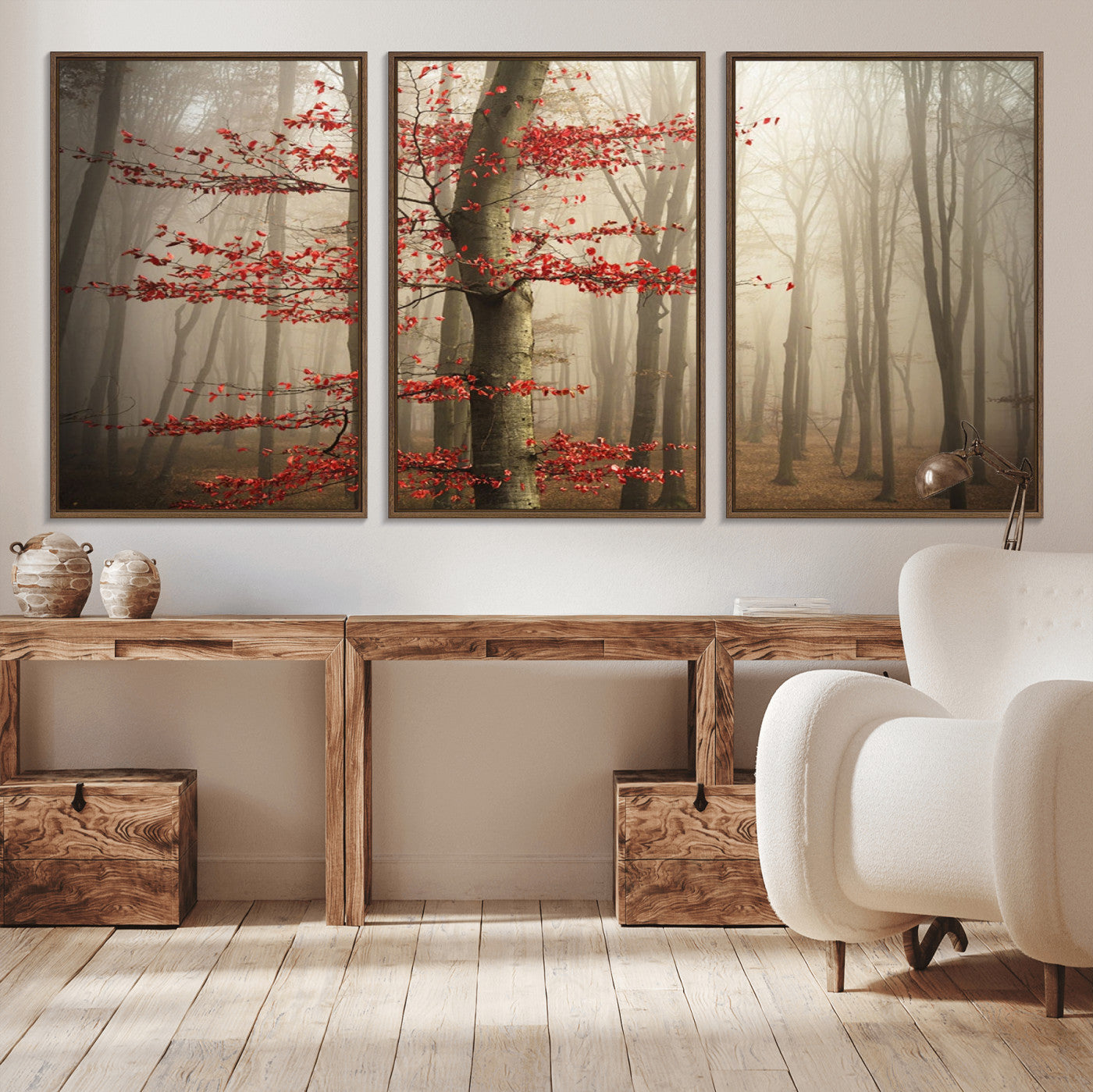 61855-MGV-CV-36X24-Misty Forest Wall Art – Red Tree with Autumn Leaves Canvas Print, Moody Woodland Nature Decor for Living Room, Bedroom, or Office
