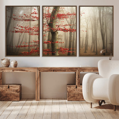 61855-MGV-CV-36X24-Misty Forest Wall Art – Red Tree with Autumn Leaves Canvas Print, Moody Woodland Nature Decor for Living Room, Bedroom, or Office