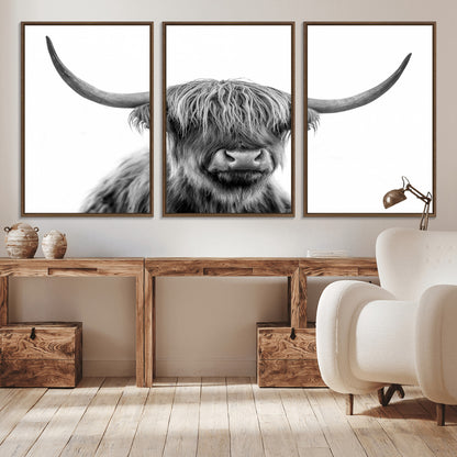 10123-MGV-CV-36X24-Black and White Highland Cow Wall Art – Modern Farmhouse Animal Print, Rustic Scottish Bull Canvas Decor for Living Room, Bedroom,