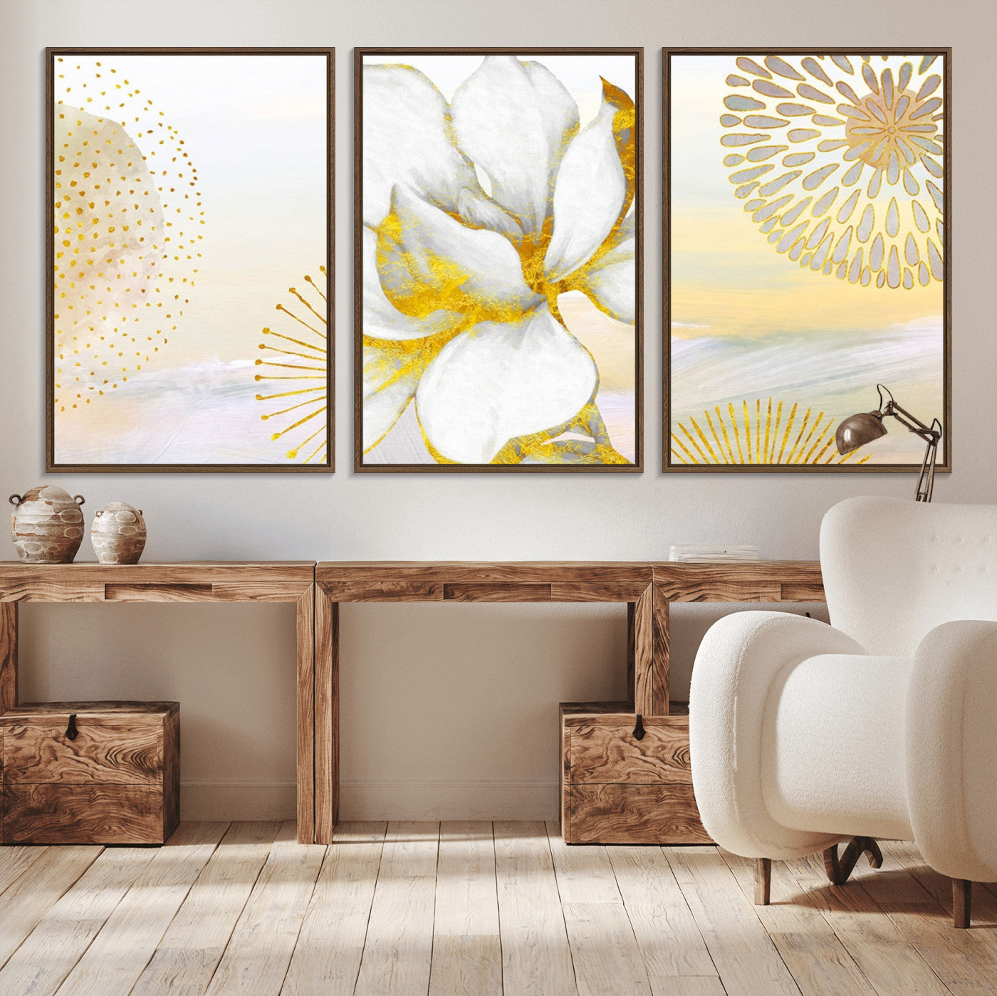 82301-MGV-CV-36X24-Modern Floral Wall Art – White Flower with Gold Detailing Canvas Print, Elegant Abstract Artwork for Living Room, Bedroom, or