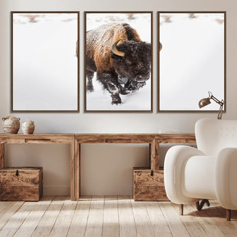 19889-MGV-CV-36X24-Snow Bison Wall Art – Majestic Buffalo Winter Landscape Canvas Print, Rustic Wildlife Photography Decor for Cabin, Lodge, Living