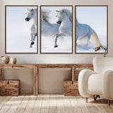 80145-MGV-CV-36X24-White Horses Running Snow Wall Art – Majestic Equine Canvas Print, Winter Nature Photography Decor for Living Room, Office,