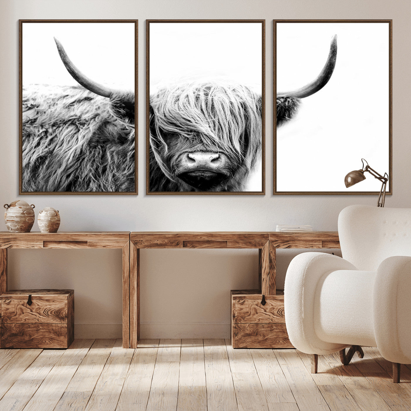 51957-MGV-CV-36X24-Highland Cow Wall Art – Black and White Scottish Highland Bull Canvas Print, Rustic Farmhouse Animal Decor for Living Room,