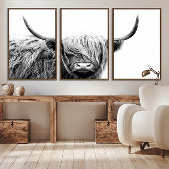 51957-MGV-CV-36X24-Highland Cow Wall Art – Black and White Scottish Highland Bull Canvas Print, Rustic Farmhouse Animal Decor for Living Room,