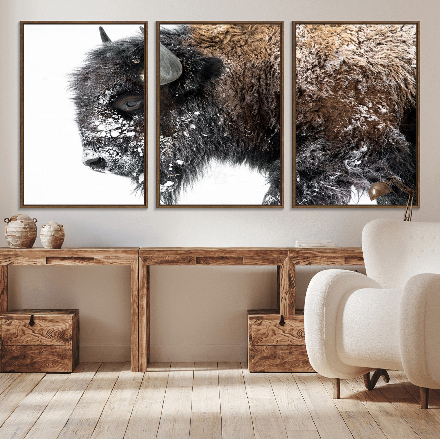 24304-MGV-CV-36X24-Bison Wall Art Canvas Print, Framed Winter Bison Art Picture Print, Snowy Buffalo Perfect Rustic Farmhouse Decor Artwork
