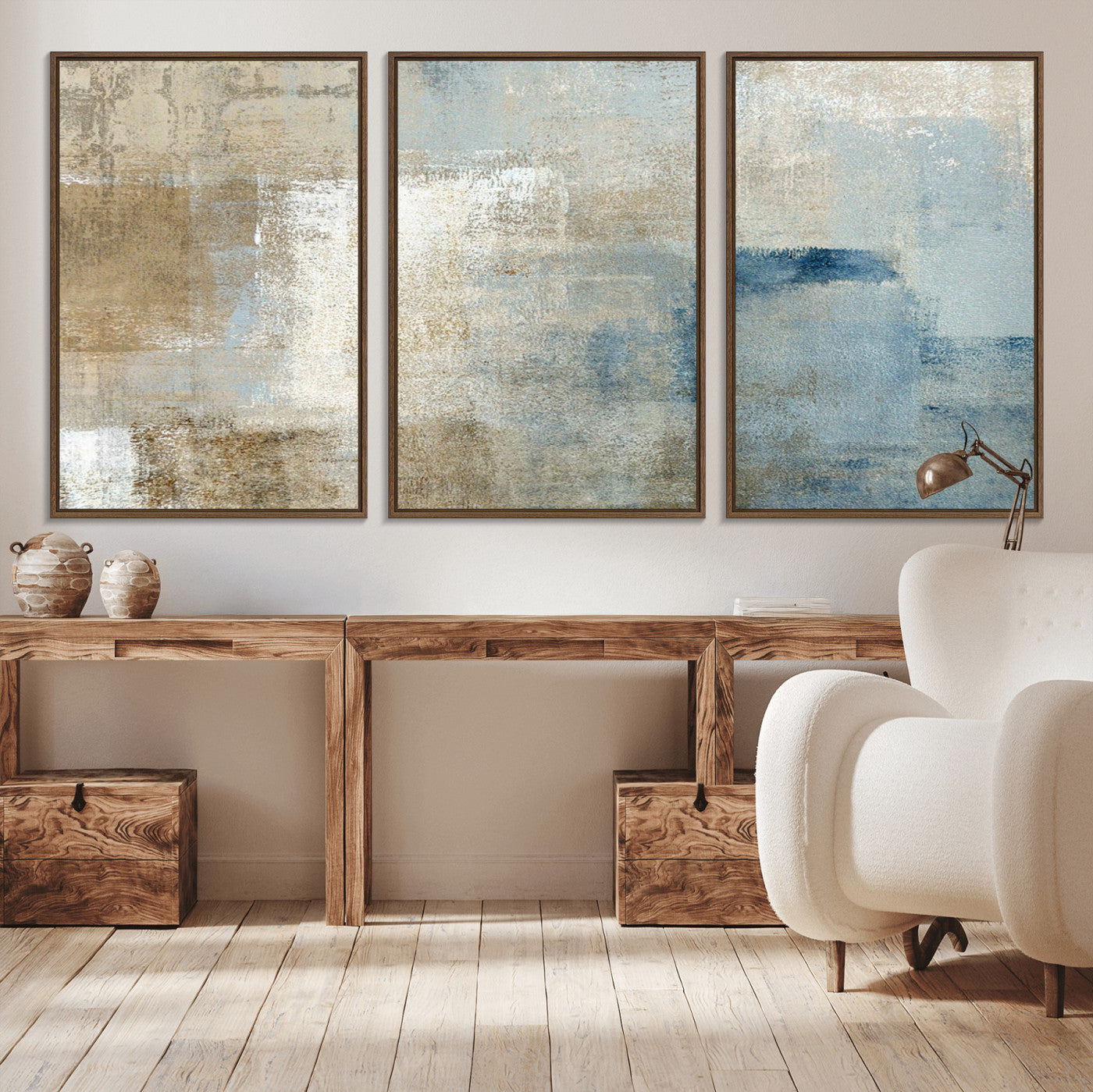 38126-MGV-CV-36X24-Neutral Abstract Wall Art – Modern Beige and Blue Canvas Print and Minimalist Textured Painting for Living Room, Bedroom or Office