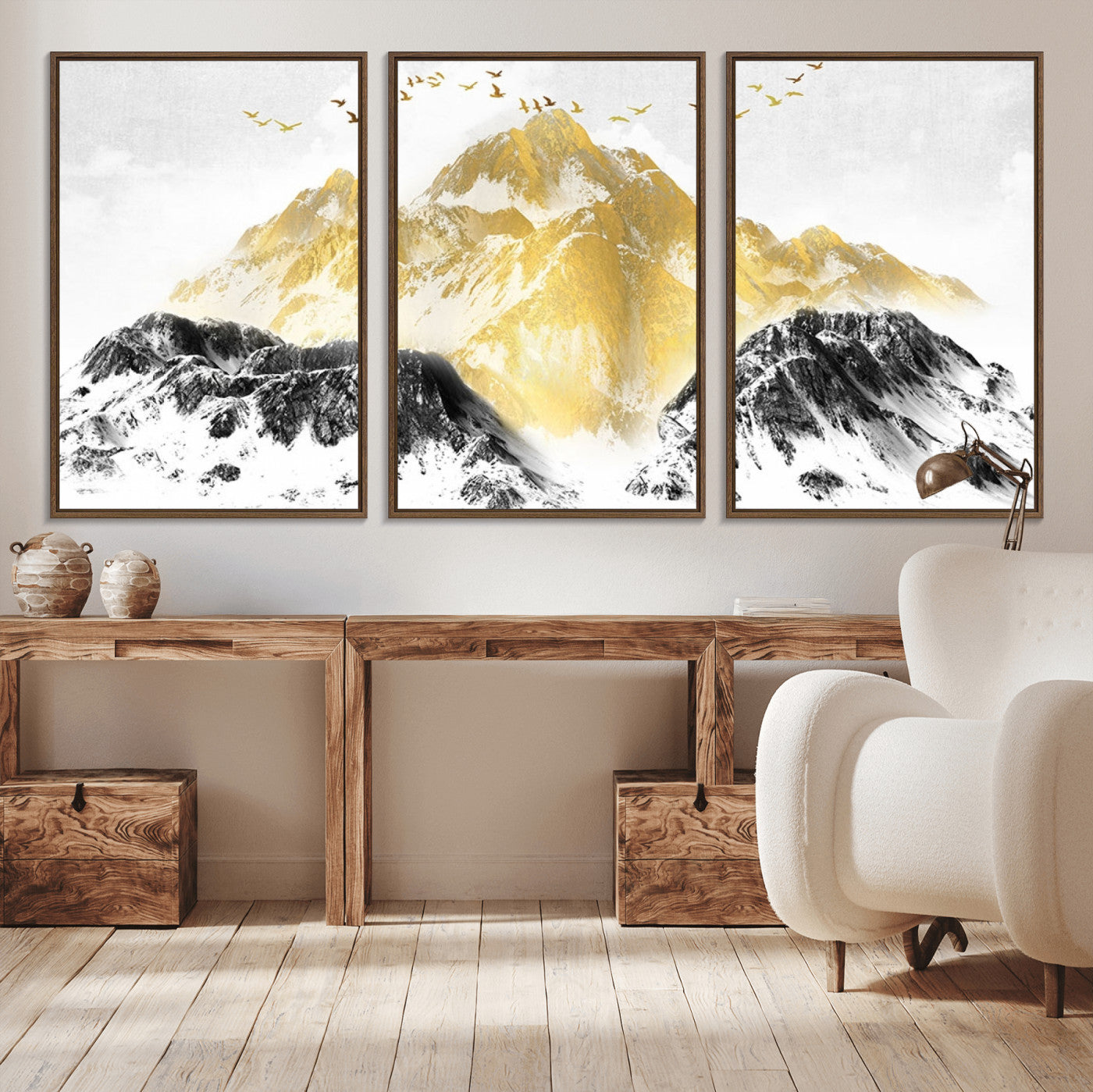 37733-MGV-CV-36X24-Golden Mountain Wall Art – Modern Abstract Landscape Canvas Print with Birds, Luxury Nature Decor for Living Room, Bedroom, or