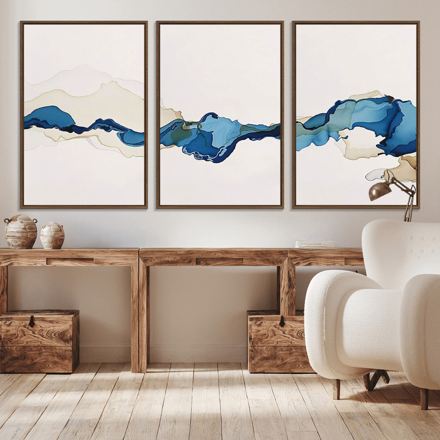 95528-MGV-CV-60X30-3P-Abstract Blue Wave Wall Art – Modern Ocean Inspired Canvas Print, Minimalist Fluid Painting for Living Room, Bedroom or Office