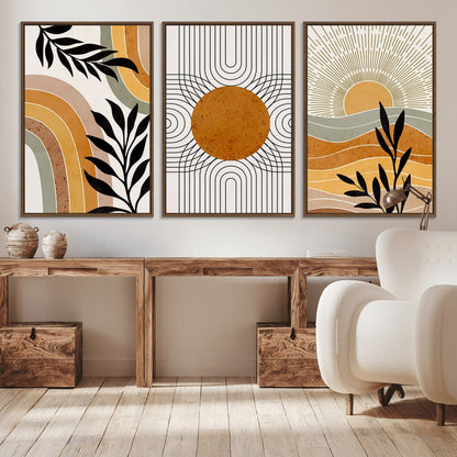 44668-MGV-CV-60X30-3P-Mid Century Modern Wall Art – Abstract Sun and Rainbow Canvas Print, Minimalist Geometric Boho Decor for Living Room, Bedroom or