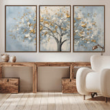 65811-MGV-CV-36X24-Abstract Tree Wall Art – Textured Canvas Painting with Gold and White Leaves, Modern Nature Inspired Decor for Living Room or