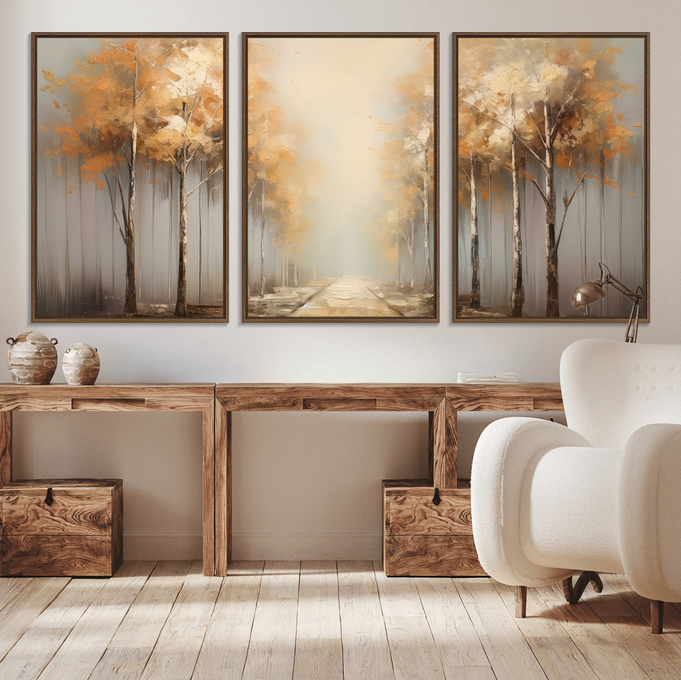 95004-MGV-CV-36X24-Autumn Forest Path Wall Art – Hand Painted Canvas Print with Golden Trees, Modern Nature Landscape Decor for Living Room, Bedroom