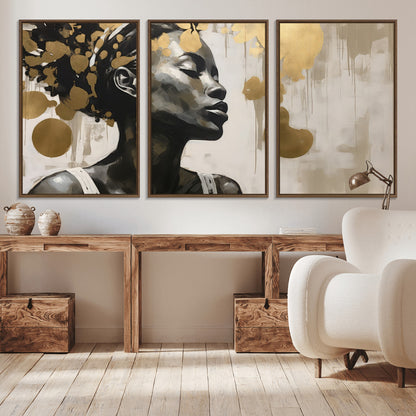 65669-MGV-CV-36X24-Elegant Black Woman Wall Art – Modern Abstract Portrait Canvas with Gold Accents, Contemporary Afrocentric Decor for Living Room