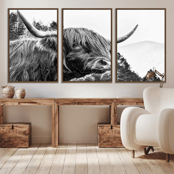 61570-MGV-CV-36X24-Highland Cow Wall Art – Black and White Scottish Bull Canvas Print, Rustic Farmhouse Animal Decor for Living Room, Bedroom, or