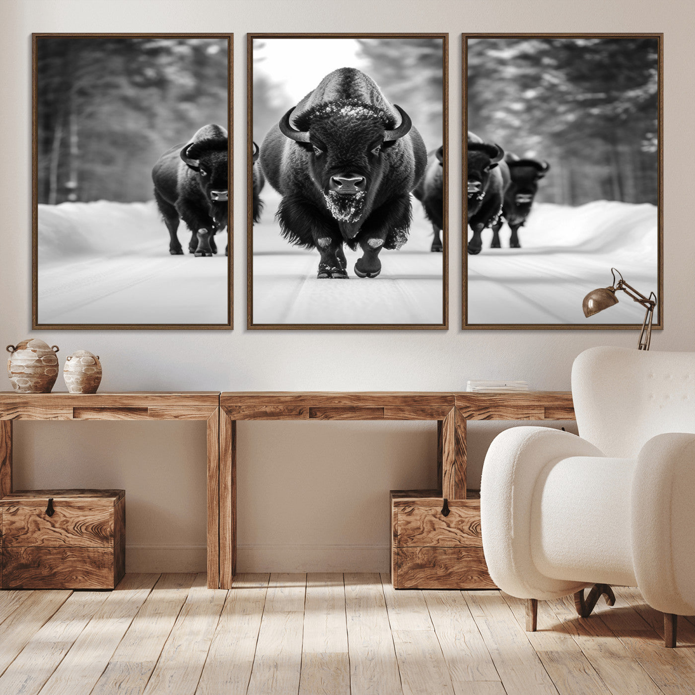45287-MGV-CV-36X24-Bison Herd Wall Art – Black and White Buffalo Snow Road Canvas Print, Rustic Wildlife Decor for Cabin, Lodge or Living Room
