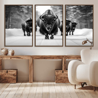45287-MGV-CV-36X24-Bison Herd Wall Art – Black and White Buffalo Snow Road Canvas Print, Rustic Wildlife Decor for Cabin, Lodge or Living Room