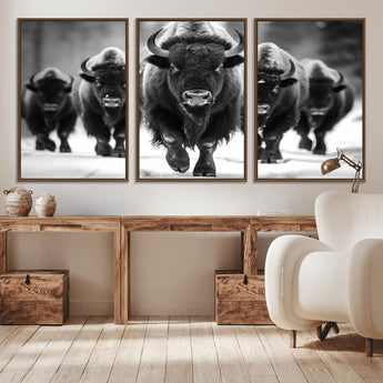 79872-MGV-CV-36X24-Bison Herd Wall Art – Black and White Buffalo on Snow Canvas Print, Rustic Wildlife Decor for Lodge, Cabin, or Living Room