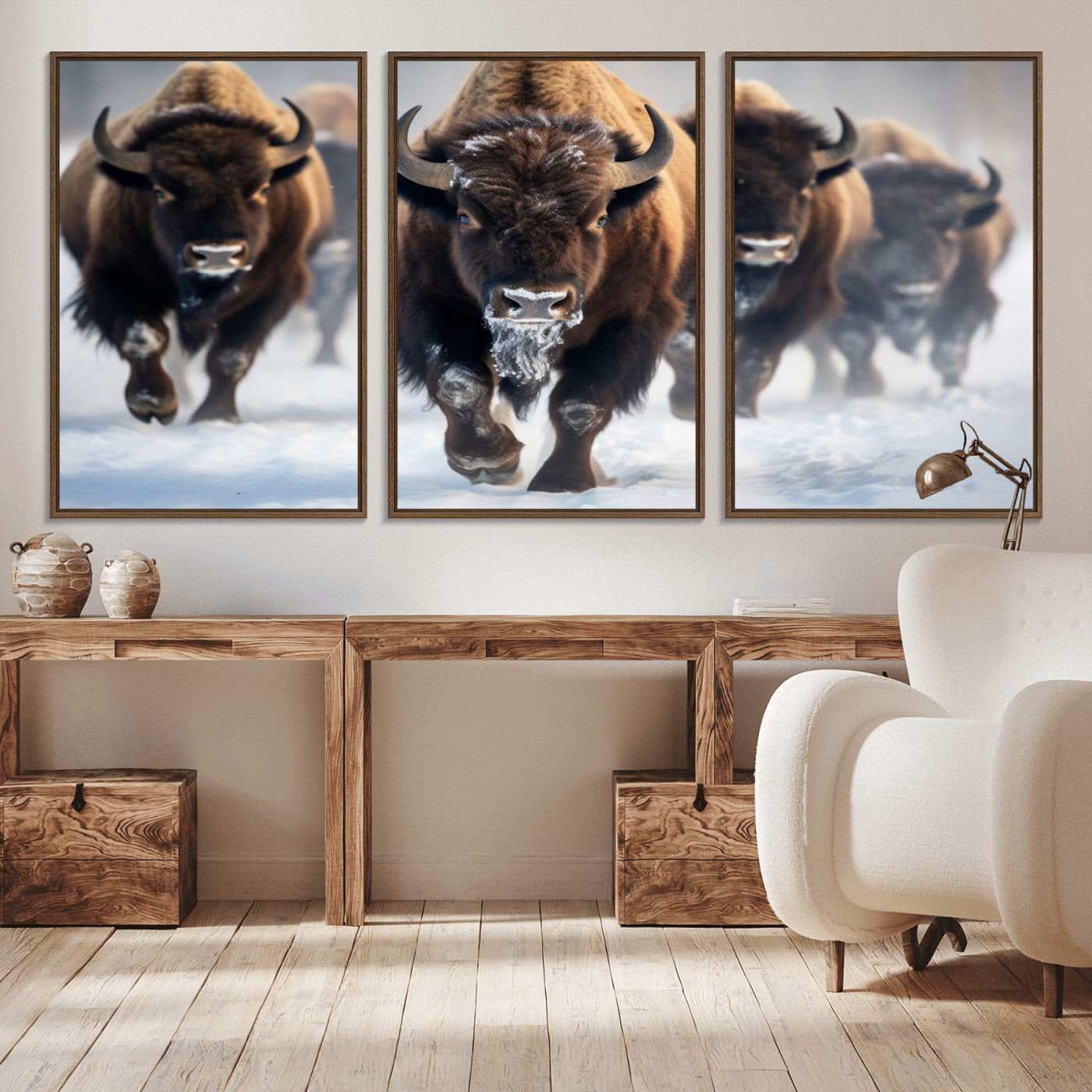 80512-MGV-CV-36X24-Bison Herd Wall Art – Buffalo Running in Snow Canvas Print, Rustic Wildlife Photography Decor for Cabin, Lodge, or Living Room