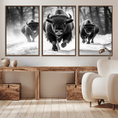 97552-MGV-CV-36X24-Black and White Bison Wall Art – Buffalo Herd Running in Snow Canvas Print, Rustic Wildlife Photography Decor for Cabin, Lodge, or