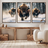 56549-MGV-CV-36X24-Wild Bison Wall Art – Majestic Buffalo Herd Running in Snow Canvas Print, Rustic Wildlife Photography Decor for Cabin, Lodge, or