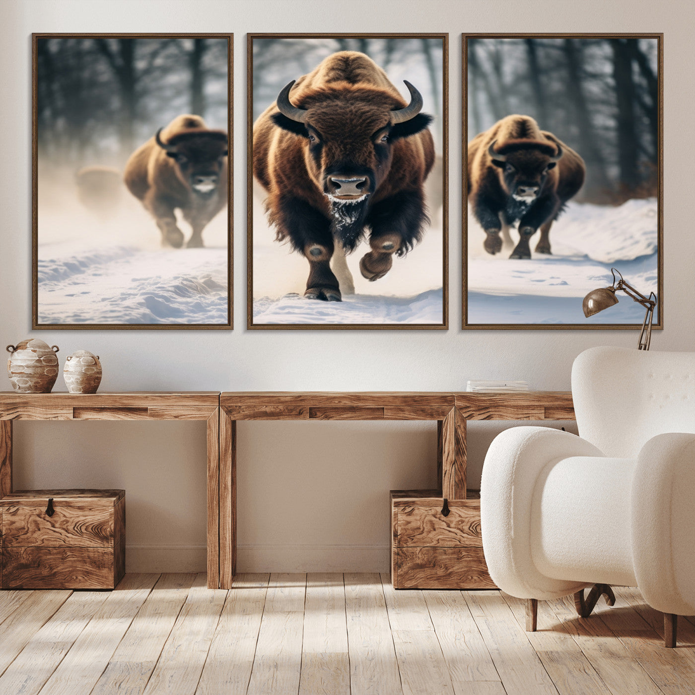 56549-MGV-CV-36X24-Wild Bison Wall Art – Majestic Buffalo Herd Running in Snow Canvas Print, Rustic Wildlife Photography Decor for Cabin, Lodge, or