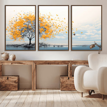 23385-MGV-CV-36X24-Golden Butterfly Tree Wall Art – Abstract Yellow and Gray Canvas Print, Modern Nature Artwork for Living Room, Bedroom or Office