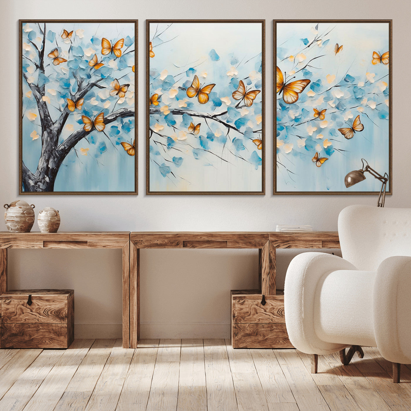 59455-MGV-CV-36X24-Butterfly Tree Branch Wall Art – Blue and Yellow Abstract Canvas Print, Modern Nature Artwork for Living Room, Bedroom or Office