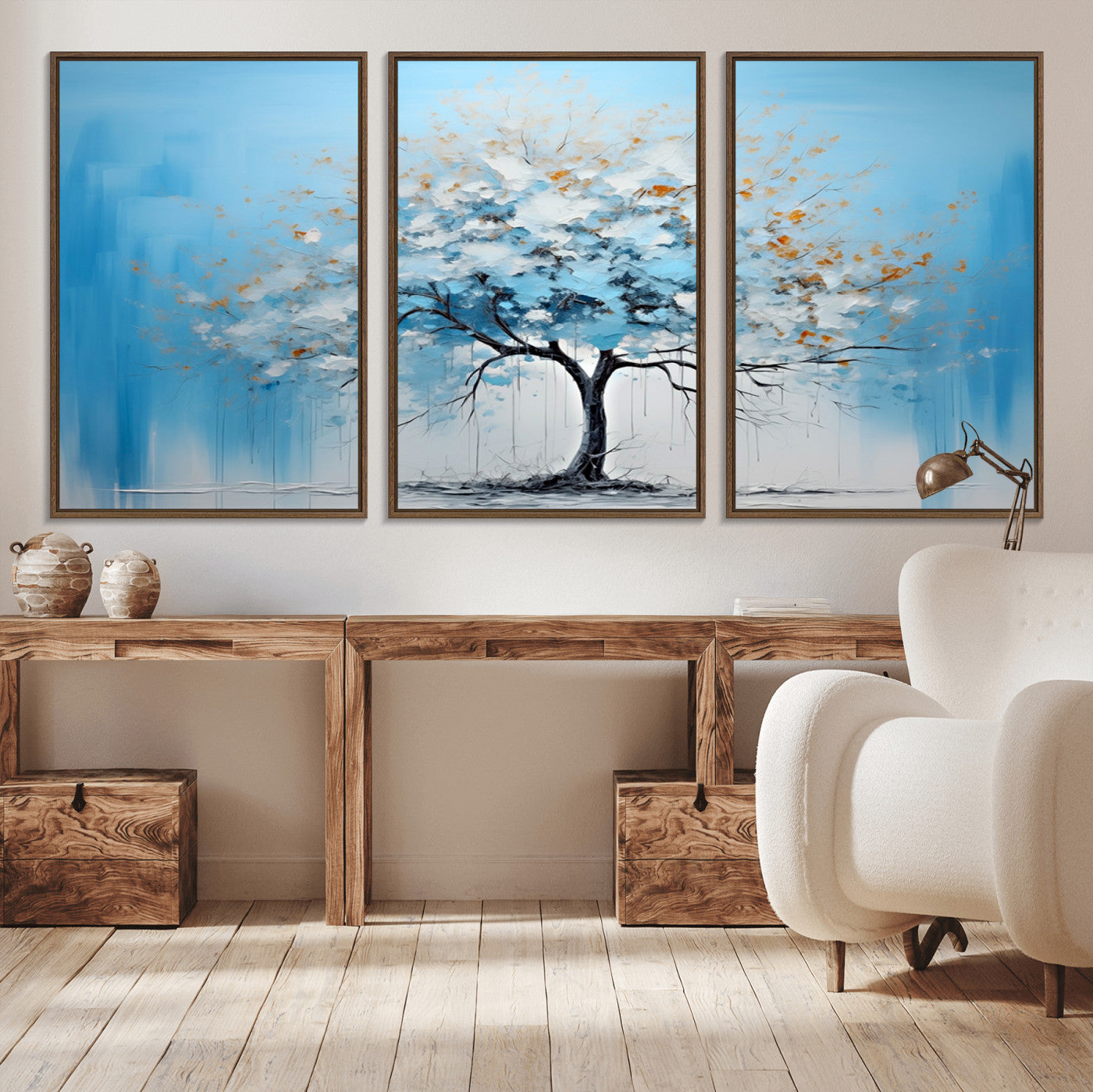 25021-MGV-CV-36X24-Abstract Tree Wall Art – Blue and White Canvas Painting with Gold Accents, Modern Nature-Inspired Artwork for Living Room, Bedroom