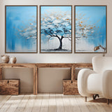 25021-MGV-CV-36X24-Abstract Tree Wall Art – Blue and White Canvas Painting with Gold Accents, Modern Nature-Inspired Artwork for Living Room, Bedroom