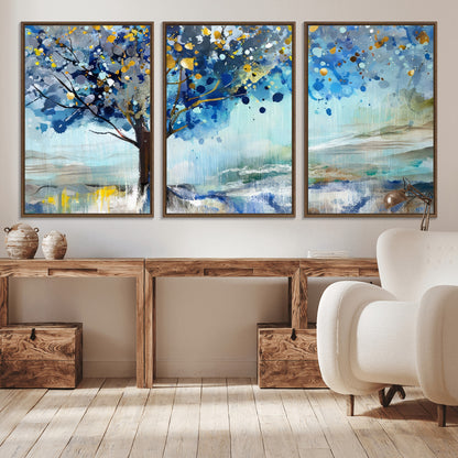 17018-MGV-CV-36X24-Abstract Blue Tree Wall Art – Colorful Canvas Painting with Gold and Silver Accents, Modern Nature Artwork for Living Room,