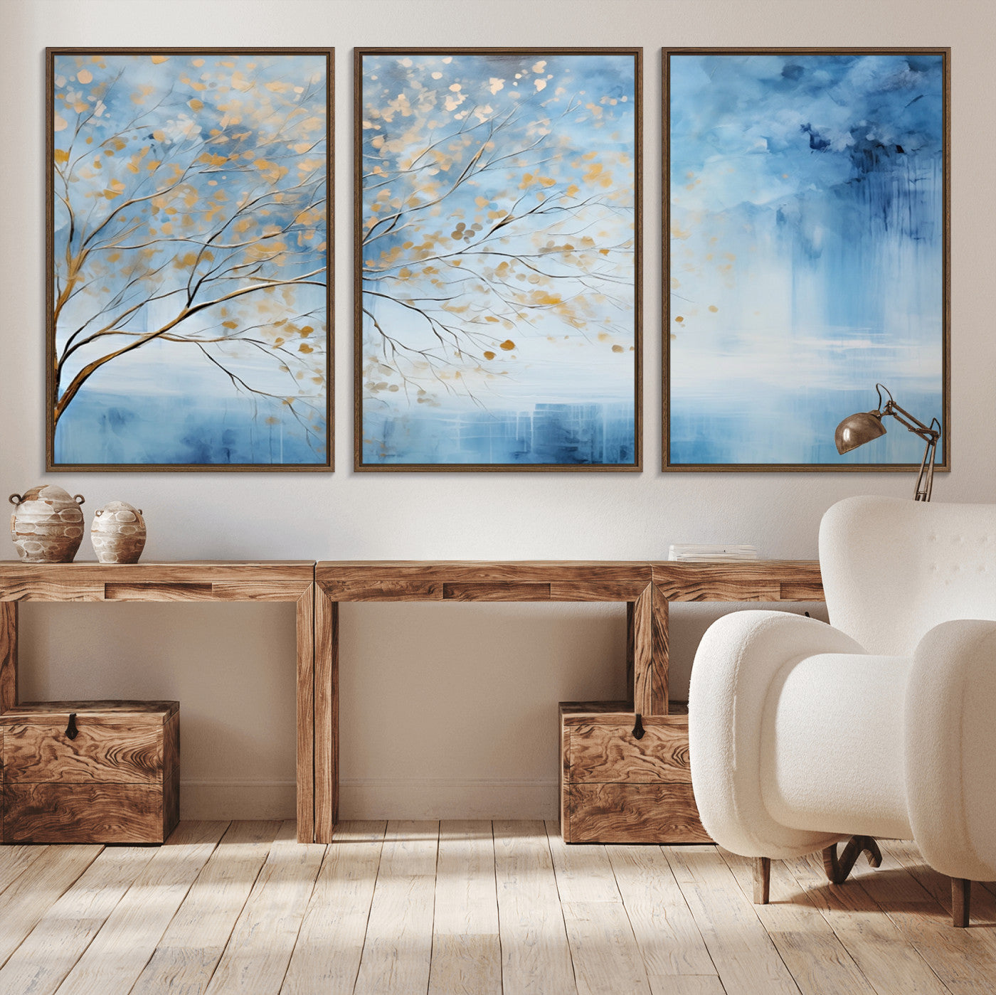 23891-MGV-CV-36X24-Abstract Tree Wall Art – Minimalist Blue and Gold Canvas Painting, Elegant Nature-Inspired Artwork for Living Room, Bedroom or