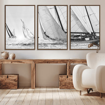 Boat-1-MGV-CV-36X24-Sailboat Racing Wall Art – Nautical Black and White Canvas Print, Ocean Adventure Decor for Office, Living Room or Bedroom