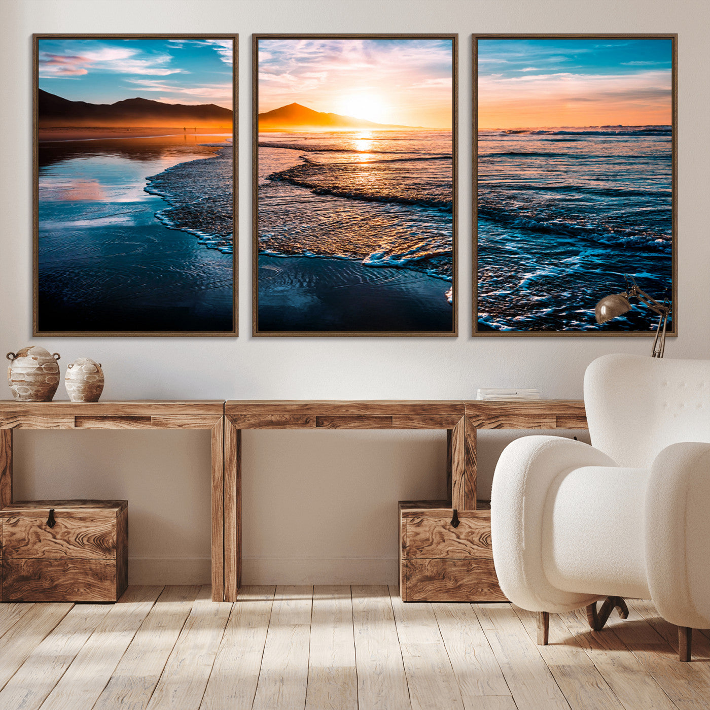 26494-MGV-CV-36X24-Ocean Sunset Wall Art – Scenic Beach Canvas Print with Waves and Mountains, Coastal Seascape Photography for Living Room, Bedroom