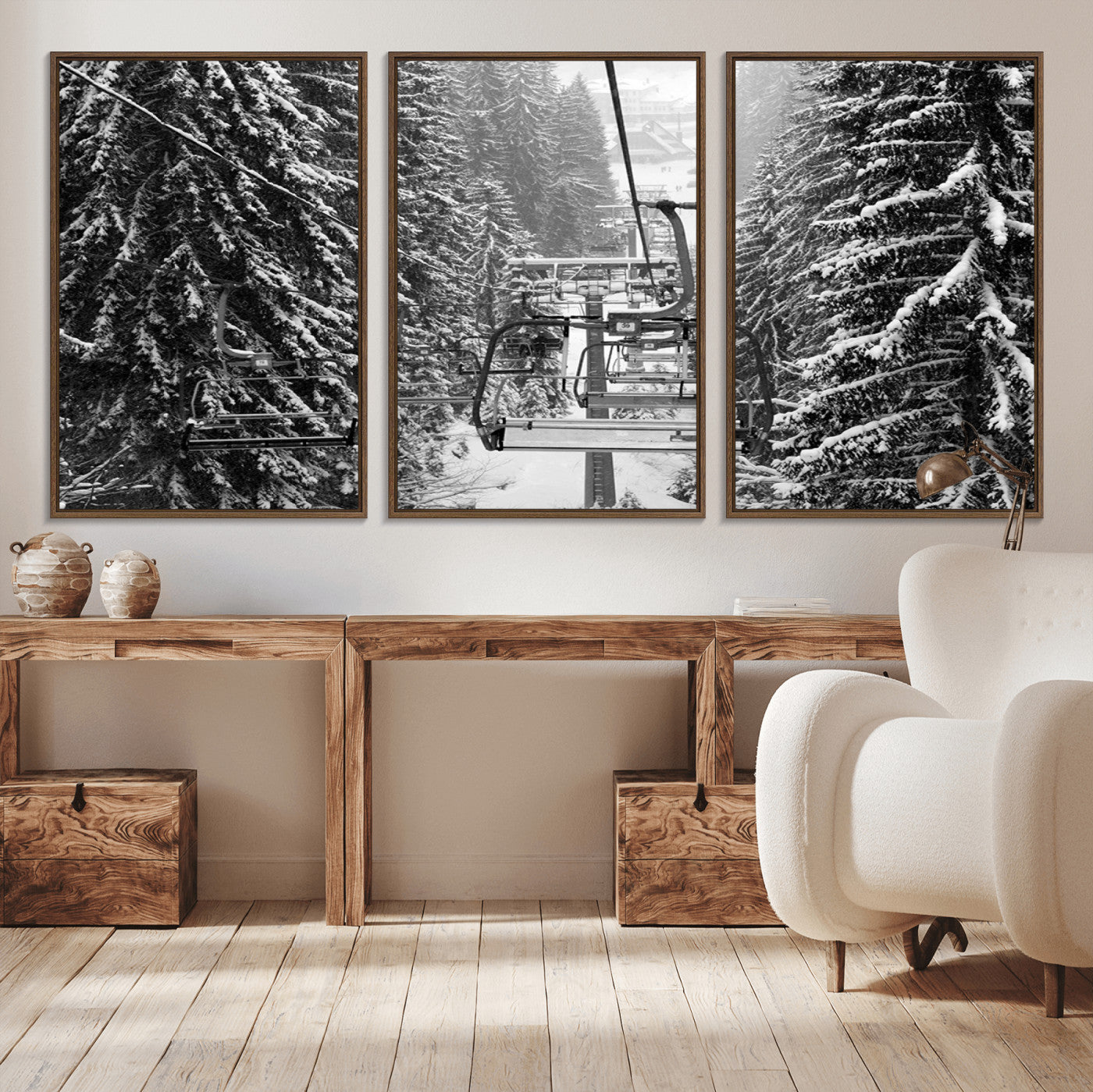 19240-MGV-CV-36X24-Ski Lift Wall Art – Black and White Winter Mountain Canvas Print, Snowy Forest Ski Resort Photography for Cabin, Lodge, Office or