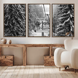 19240-MGV-CV-36X24-Ski Lift Wall Art – Black and White Winter Mountain Canvas Print, Snowy Forest Ski Resort Photography for Cabin, Lodge, Office or