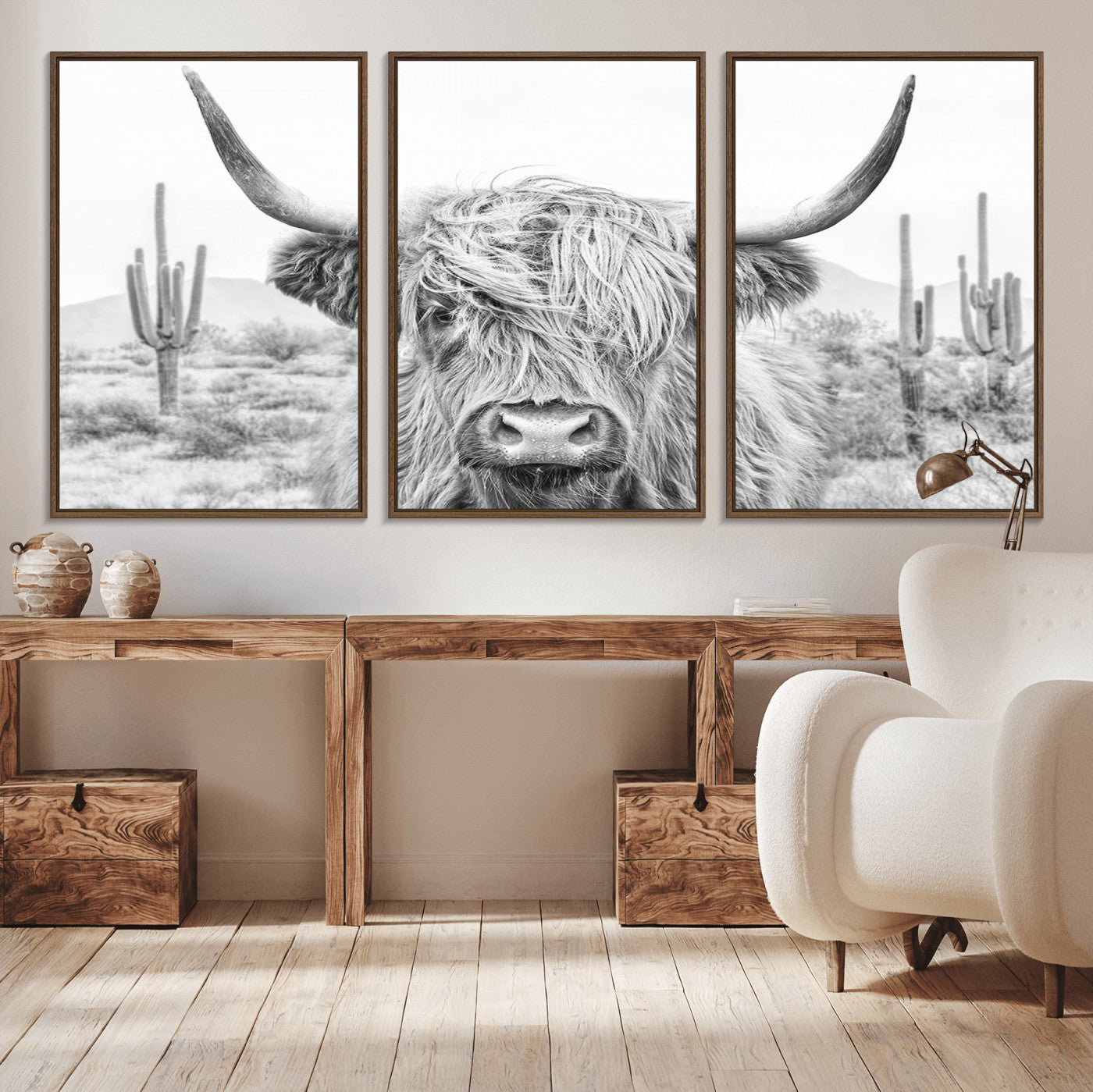 94579-MGV-CV-36X24-Highland Cow Wall Art – Black and White Longhorn Canvas Print, Rustic Western Farmhouse Animal Photography for Living Room,