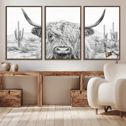94579-MGV-CV-36X24-Highland Cow Wall Art – Black and White Longhorn Canvas Print, Rustic Western Farmhouse Animal Photography for Living Room,