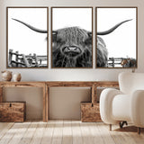58188-MGV-CV-36X24-Highland Cow Wall Art – Black and White Rustic Farmhouse Canvas Print, Longhorn Cattle Photography Decor for Living Room or