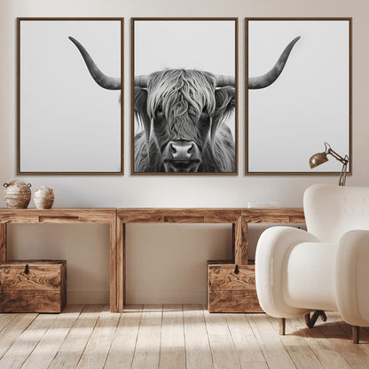 35820-MGV-CV-36X24-Minimalist Highland Cow Wall Art – Black and White Longhorn Cattle Canvas Print, Modern Farmhouse Animal Photography Decor for