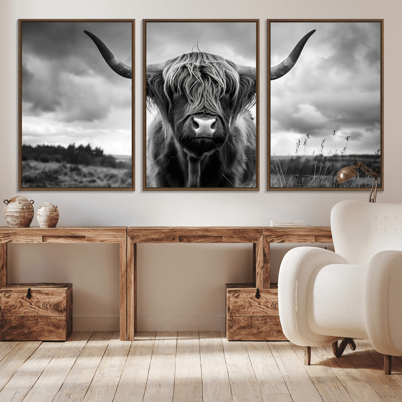 17924-MGV-CV-36X24-Highland Cow Wall Art – Black and White Rustic Longhorn Cattle Canvas Print, Farmhouse Animal Photography Decor for Country Home