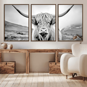 80564-MGV-CV-36X24-Highland Cow Wall Art – Black and White Scottish Highland Canvas Print, Rustic Farmhouse Decor for Living Room, Bedroom or Office
