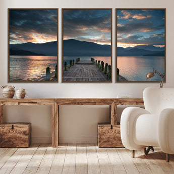 20442-MGV-CV-36X24-Lakeside Sunset Dock Wall Art – Peaceful Mountain Lake Canvas Print, Serene Nature Landscape Decor for Living Room, Bedroom or